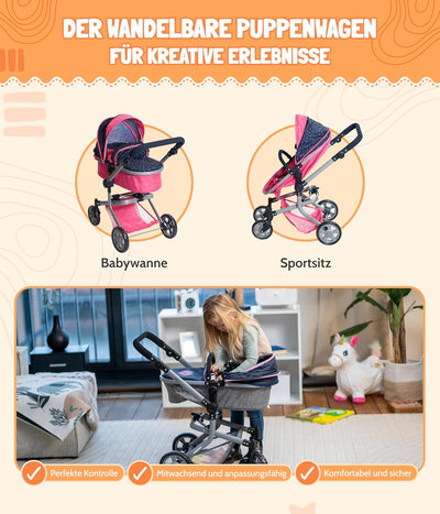Bayer Chic 2000 - Puppenwagen Mika, 2in1 Kombipuppenwagen für Kinder von 4 bis 8 Jahren, Kinderwagen