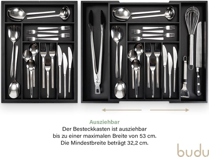 budu Besteckkasten #43 (Tiefe 43cm) aus Bambus - Schwarz - Schubladen Ordnungssystem für die Küche -