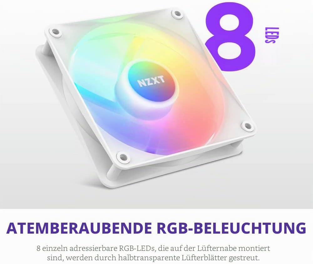 NZXT F120 RGB Core – 120 mm nabenmontierter RGB-Lüfter – 8 einzeln ansteuerbare LEDs – Halbtranspare