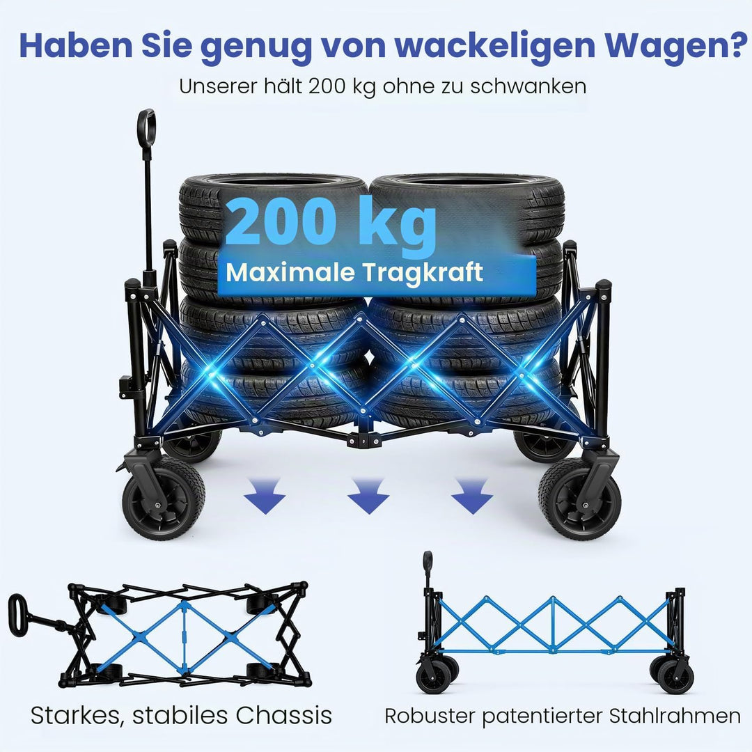 BEAU JARDIN XXL Bollerwagen Faltbar 300L 200KG Verlängerter Faltwagen mit Extra Breite 17x10 cm All-