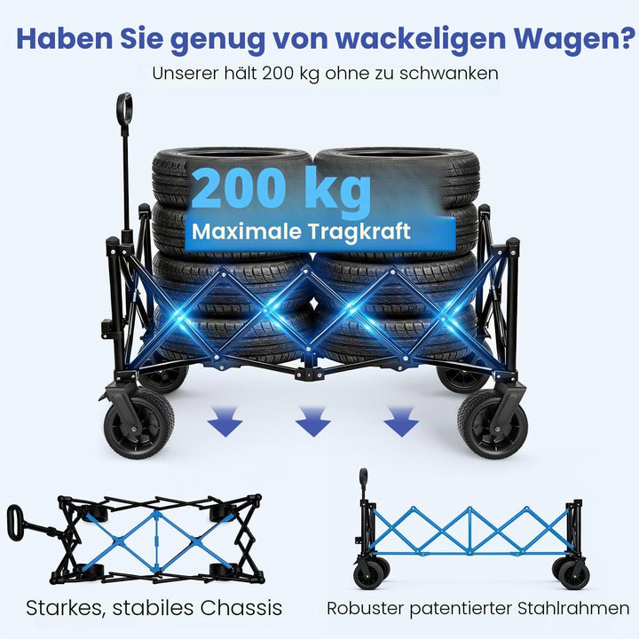 BEAU JARDIN XXL Bollerwagen Faltbar 300L 200KG Verlängerter Faltwagen mit Extra Breite 17x10 cm All-