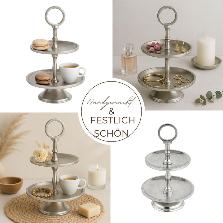 Marrakesch Deko Aesthetic Etagere 2 Etagen Obstschale rund Silber 26 cm hoch | Sevierplatte 2 Tablet