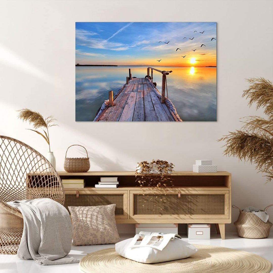 ARTTOR Bilder auf Leinwand 100x70cm Leinwandbild See Natur Brücke Vögel Gross Wanddeko Bild Schlafzi
