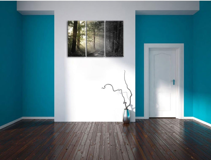 Pixxprint Waldweg im Grünen / 3-Teilig/Gesamtmass 120cm Leinwandbild bespannt auf Holzrahmen/Wandbil