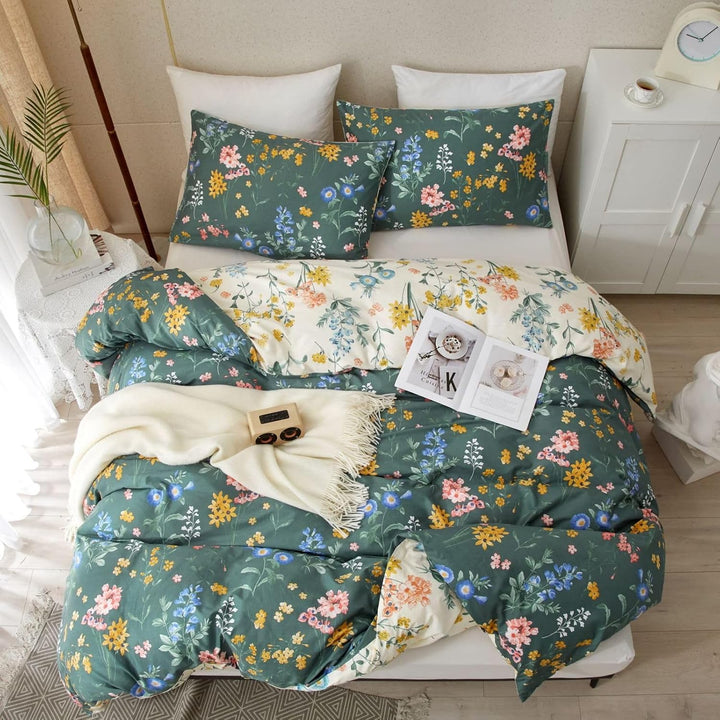 Freyamy Bettwäsche 155x220cm 2teilig Grün Dunkelgrün Bunt Blumen Blätter Pflanzen Wendebettwäsche Fl