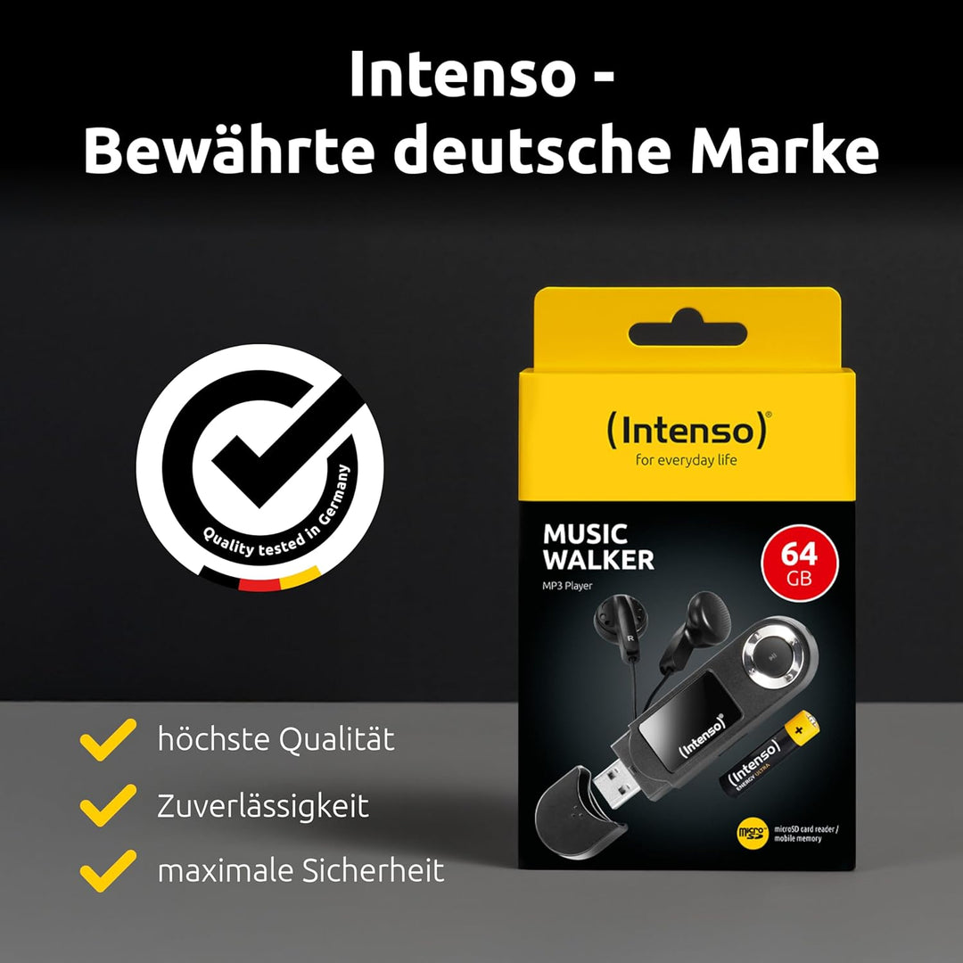 Intenso Music Walker MP3 Player 64 GB mit LCD Display, microSD Karte, USB 2.0, AAA Batterie, Kopfhör