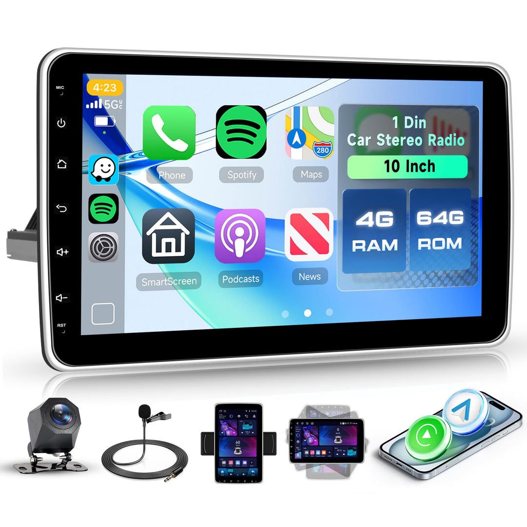 Rimoody 4G+64G 10 Zoll Android Autoradio 1 Din mit Bildschirm Drehen Wireless Carplay Android Auto N