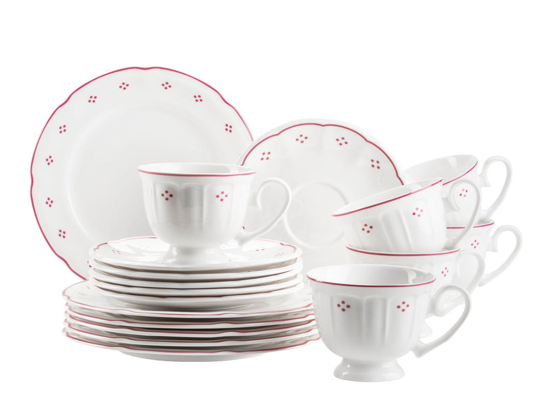 Mäser Serie Lova, Kaffeeservice 18-teilig Porzellan – 6 Dessertteller 19,5 cm, 6 Tassen 19 cl & 6 Un