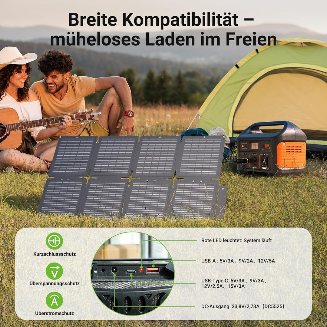 60W Solarpanel Faltbar Solarladegerät mit Standfuss, Tragbares Solar Handy Ladegerät Mit 3 Ports (US