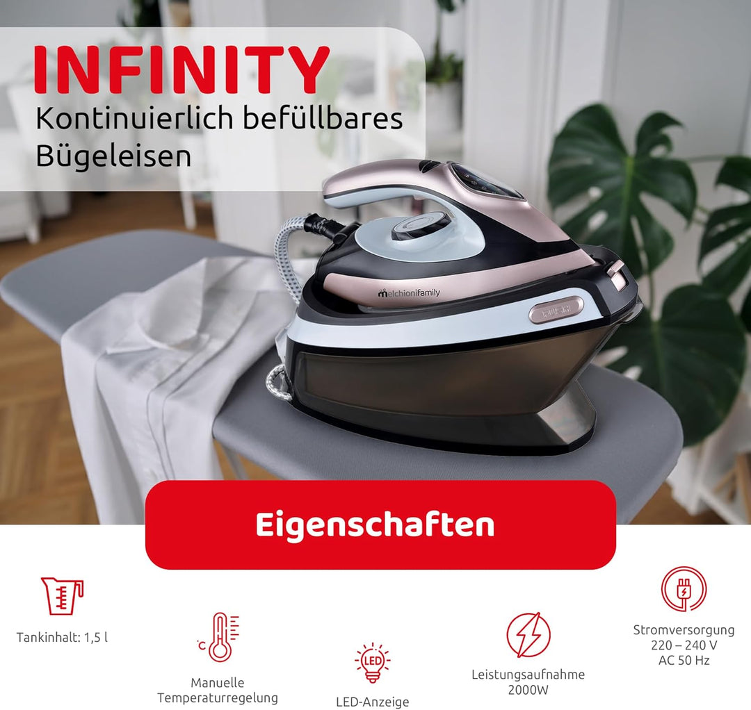 Melchioni Family INFINITY, Dampfbügelstation, Kontinuierliche Dampfabgabe, Wassertank 1,5 L, 2000 W,