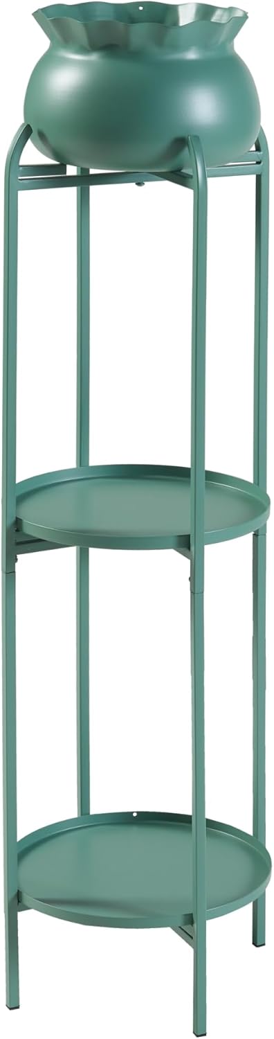 [en.casa] Blumenständer Altena Pflanzenständer mit Blumentopf und 2 Ablagen Metall Grün Pflanzenrega