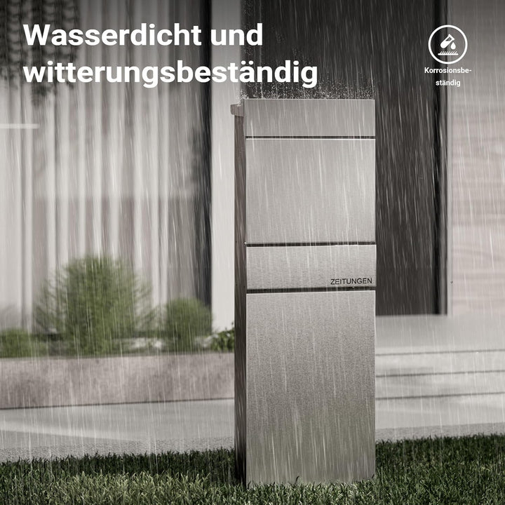 Wiltec Standbriefkasten mit Zeitungsrolle in Silberfarben 395 x 142 x 1150 mm aus Stahl, Briefkasten