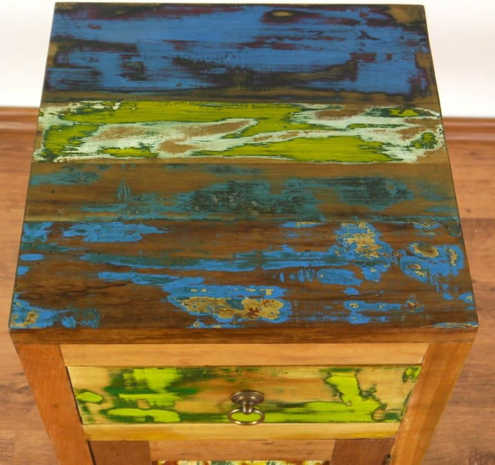 livasia Teakholz Nachtschrank aus Java | Recyceltes buntes Bootsholz | Asiatische Möbel | Designer M