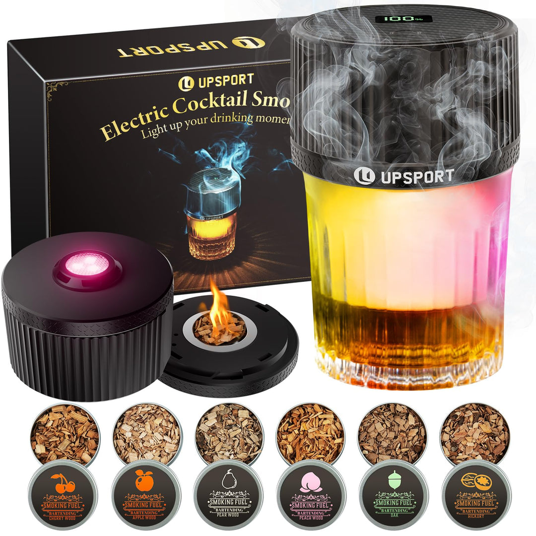 Elektrisches Cocktail Smoker Kit mit 4 Lichtmodi, wiederaufladbarer Whisky Räucher Set, 6 Holzspäne,
