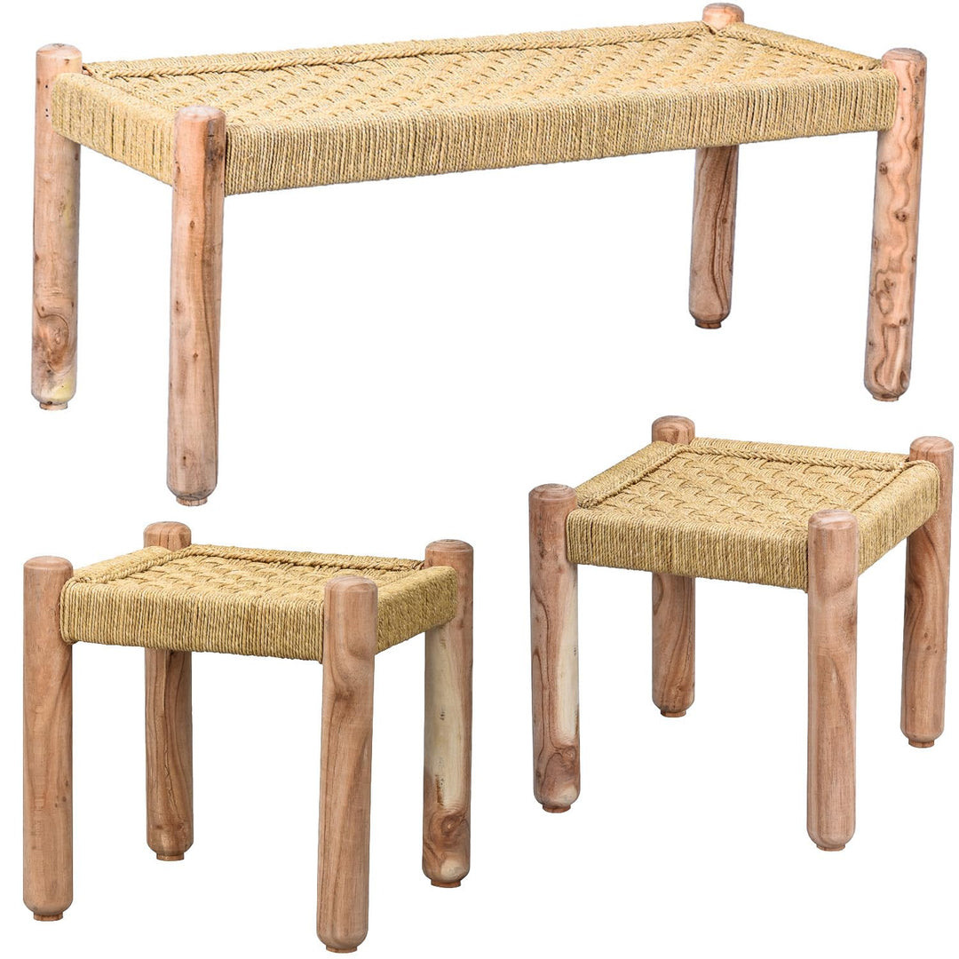 Marrakesch 3er Set Sitzbank Hocker Beistelltisch aus Holz & Jute Josue 36 cm | Ideal im Garten Terra