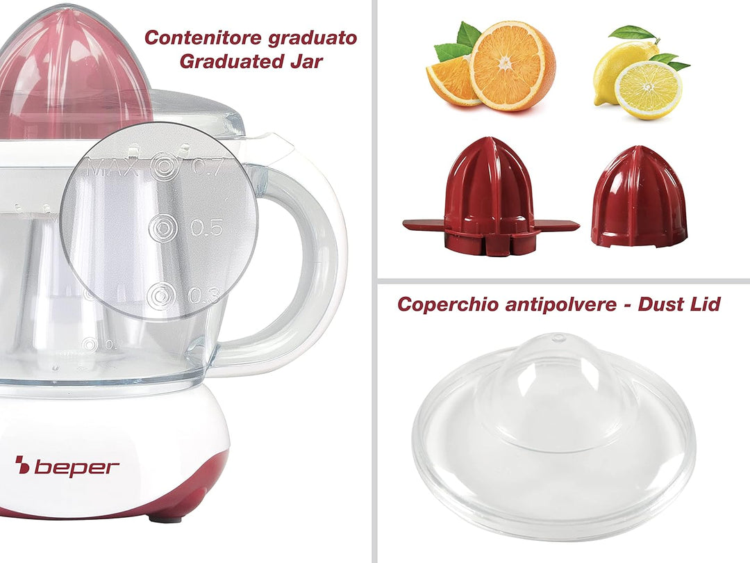 BEPER BP.101H Orangenpresse Elektrische 700 ml - Zitruspresse Elektrisch Weiss/Rot, ROT