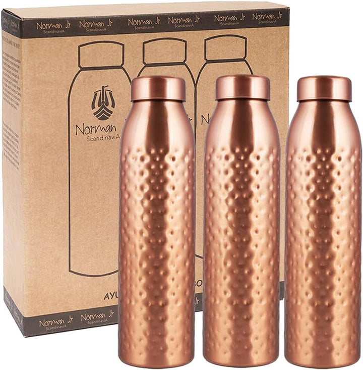 NORMAN JR Kupfer-Wasserflasche 1L – Geschenkbox mit 3 Stück, Gehämmert, EIN ayurvedisches Gefäss aus