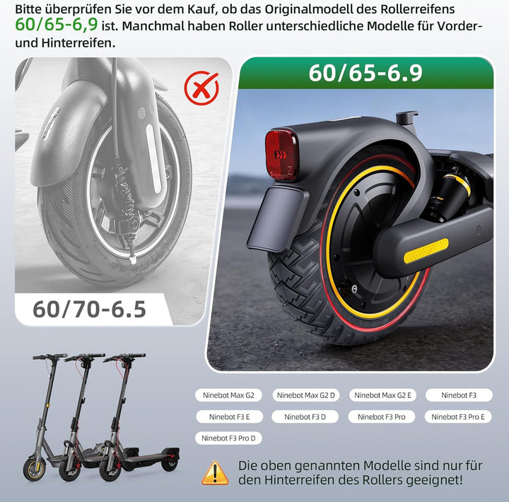 Prodrocam 60/65-6,9 Vollgummireifen für Ninebot Max G2 G2D G2E G65 F3 F3 Pro Roller 10 Zoll Hinterrä