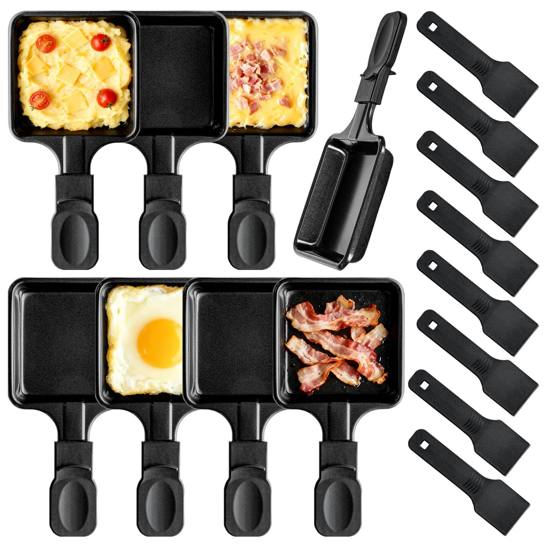 8er Set Quadratische Raclette Pfannen mit 8 Nylon Spateln, Antihaft Eisen Pfännchen, Ersatz Raclette