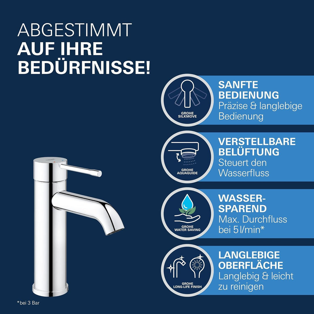 GROHE Essence - Einhand-Waschtischarmatur (wassersparend, langlebige Oberfläche, S-Size), chrom, 235