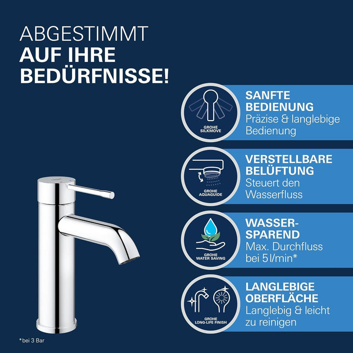 GROHE Essence - Einhand-Waschtischarmatur (wassersparend, langlebige Oberfläche, S-Size), chrom, 235