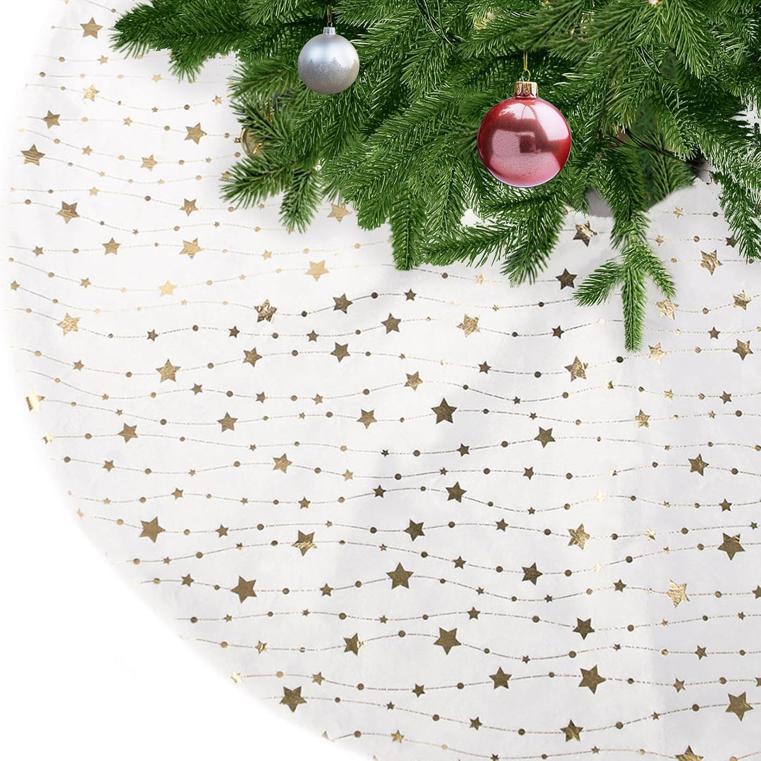 KONVINIT Weihnachtsbaumdecke Rund Weiss Plüsch Christmasbaumdecke mit Sternen Weihnachtsbaum Rock au