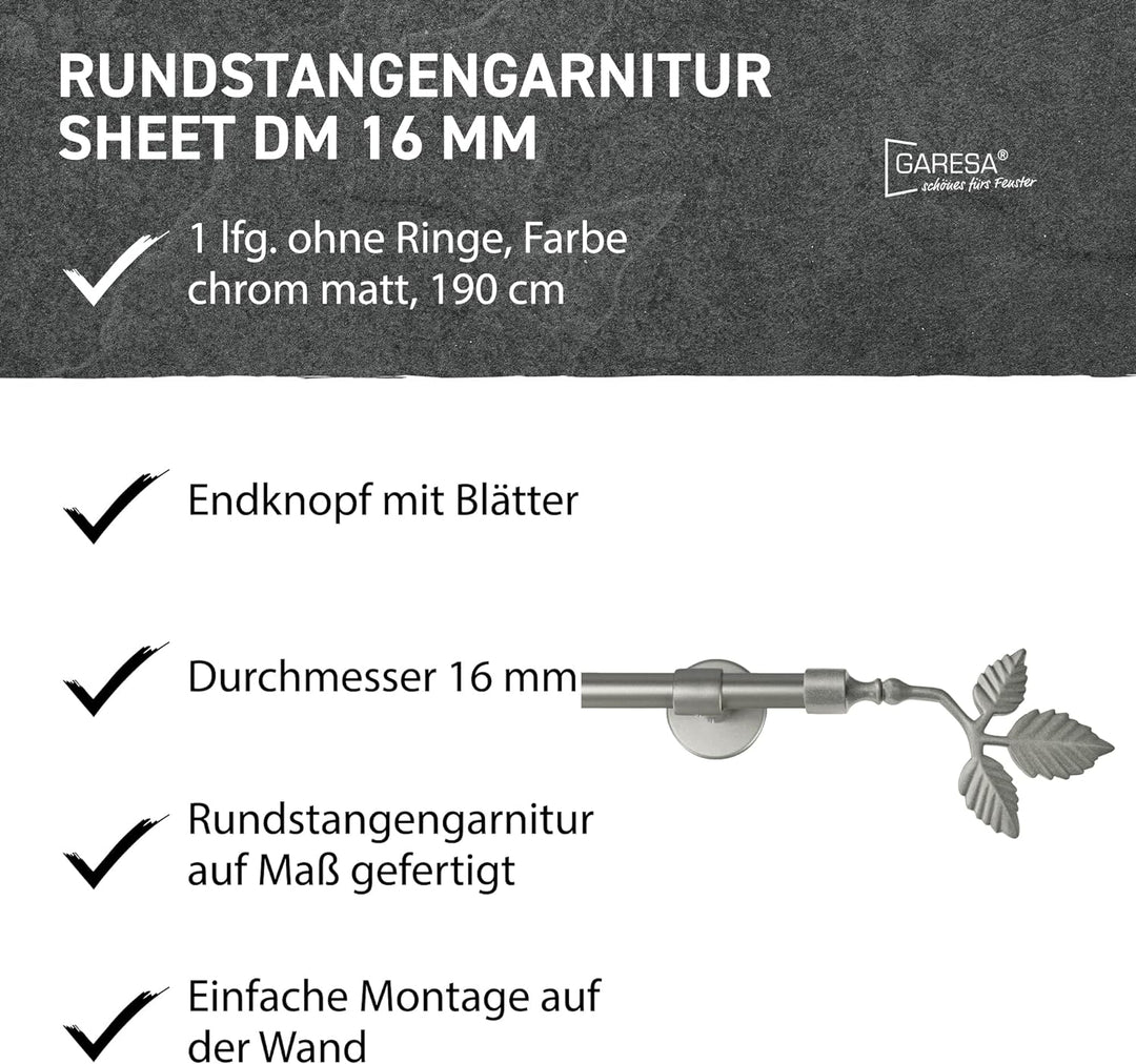 Garesa Gardinenstange Sheet Ø 16mm, 1-läufig, Chrom, matt I Stabile Vorhangstange ohne Ringe I Mit E
