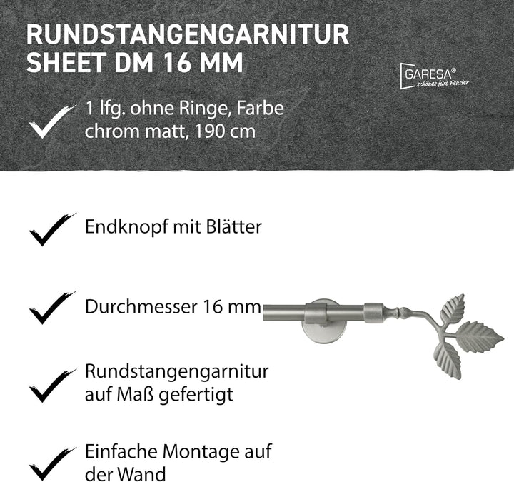Garesa Gardinenstange Sheet Ø 16mm, 1-läufig, Chrom, matt I Stabile Vorhangstange ohne Ringe I Mit E