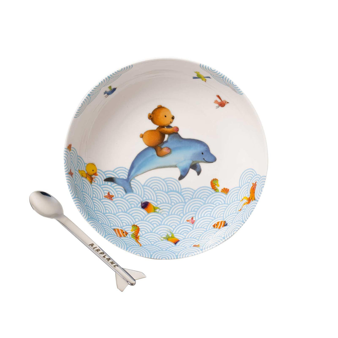 Villeroy &amp; Boch Happy as a Bear Essen-Set mit Löffel 3-teilig – Kinderteller &amp; Airplane-Breilöffel –