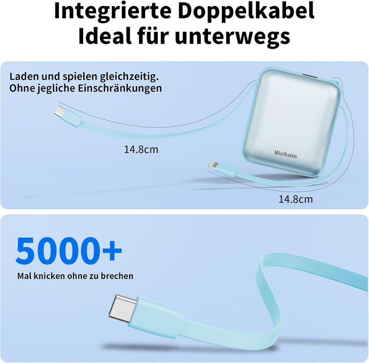 Hichain Power Bank Klein, 10000mAh 22,5W Powerbank USB C Schnellladen mit Integriertem USB-C Kabel,