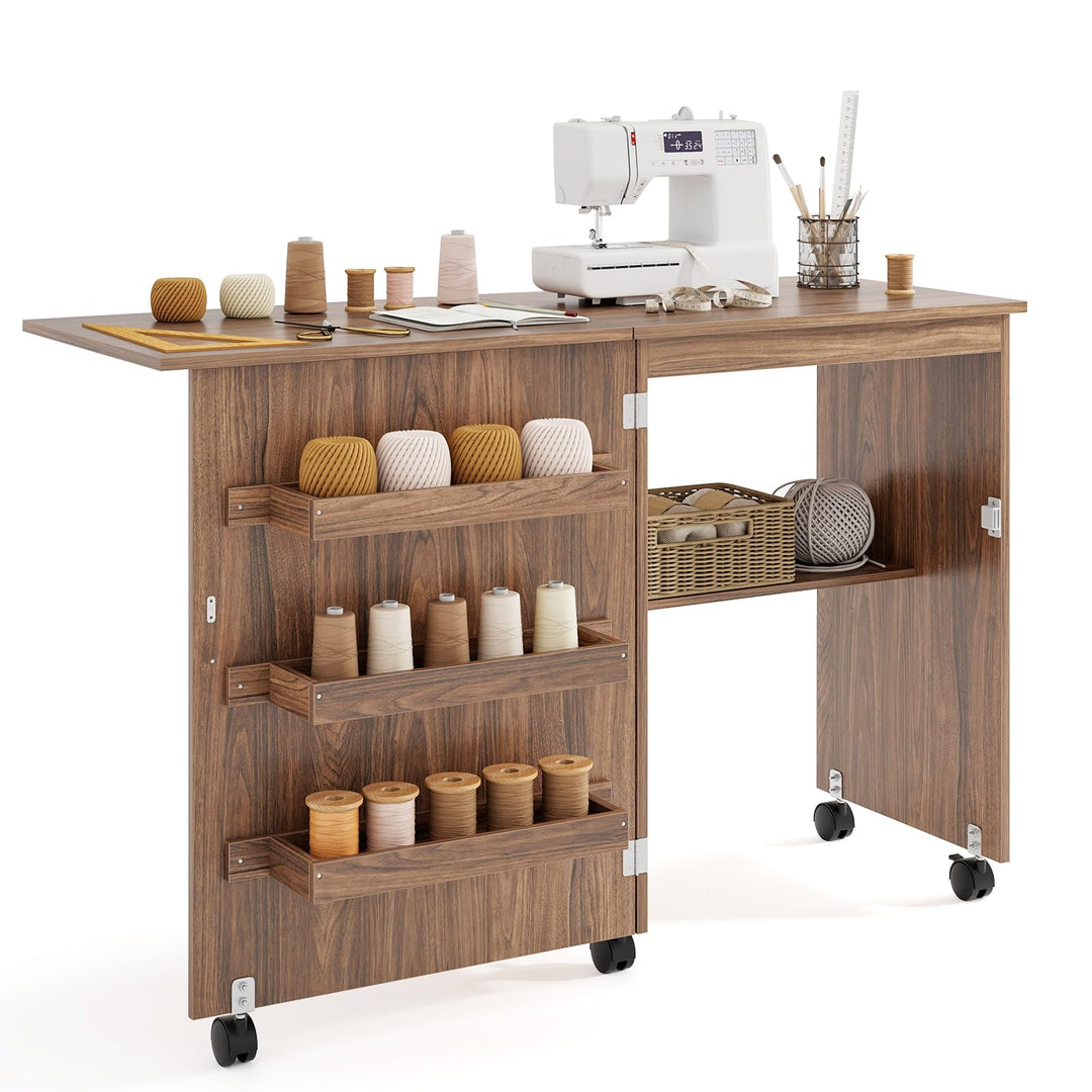 GIANTEX Nähtisch klappbar, Nähmaschinentisch auf Rollen, Nähtisch für Nähmaschine, Nähschrank Holz,