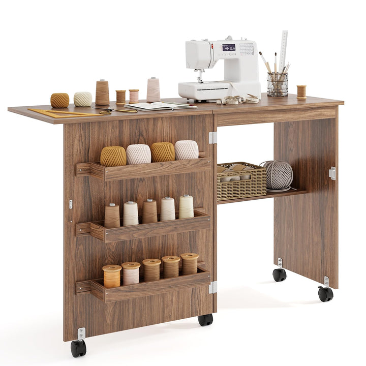 GIANTEX Nähtisch klappbar, Nähmaschinentisch auf Rollen, Nähtisch für Nähmaschine, Nähschrank Holz,