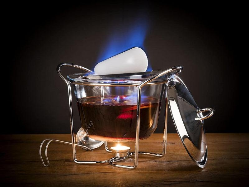 APS Feuerzangenbowle Set, Zuckerzange, Feuerzange, Punschgefäss, Glasschale, Edelstahldeckel, hochgl