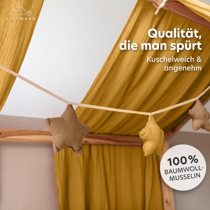 Sternen Wimpelkette Stoff - Mit Goldapplikation in 12 Farben - 100% Baumwolle Handmade - Musselin -