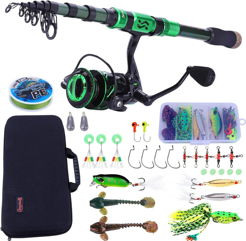 Sougayilang Angelrute und Rolle Combos, Kohlefaser Teleskop Angelrute 12 +1 BB Spinning Reel mit Tra
