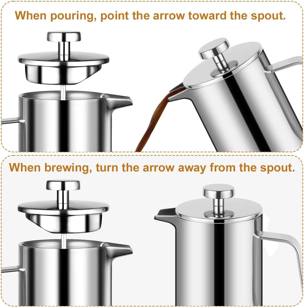 HOTUT French Press Kaffeebereiter, 350 ml Edelstahl Französische Presse mit Löffel, Ersatzfilter, Kl