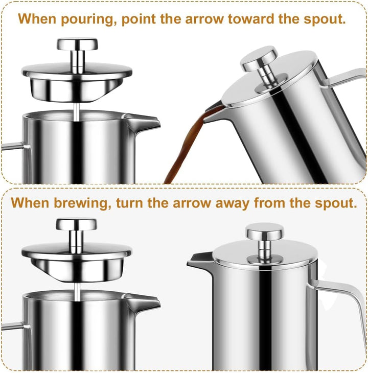 HOTUT French Press Kaffeebereiter, 350 ml Edelstahl Französische Presse mit Löffel, Ersatzfilter, Kl