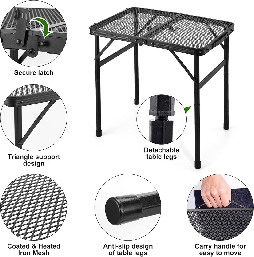 Odoland 2FT Faltbarer Campingtisch, höhenverstellbarer Grilltisch mit Mesh Desktop, Outdoor-Picknick