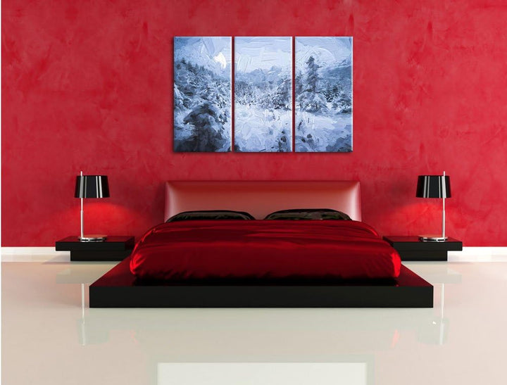 Pixxprint verschneiter Wald Pinsel Effekt 3-Teiler Leinwandbild 120x80 Bild auf Leinwand