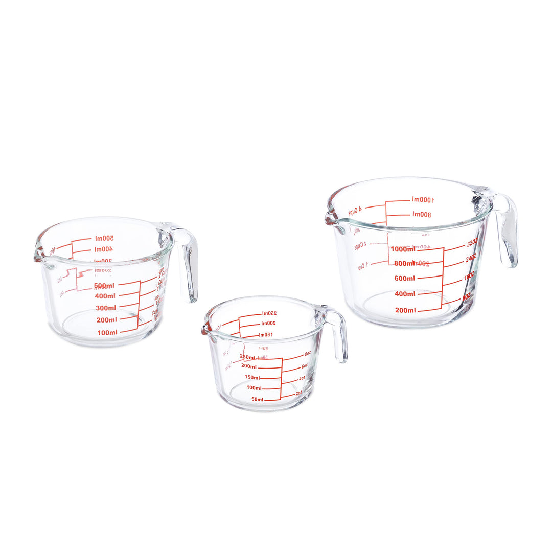 Relaxdays Messbecher Set, 3-teilig, Glasmessbecher 250 ml, 500 ml, 1l, hitzebeständig, mikrowellenge