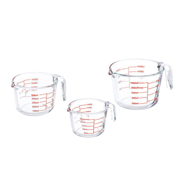 Relaxdays Messbecher Set, 3-teilig, Glasmessbecher 250 ml, 500 ml, 1l, hitzebeständig, mikrowellenge