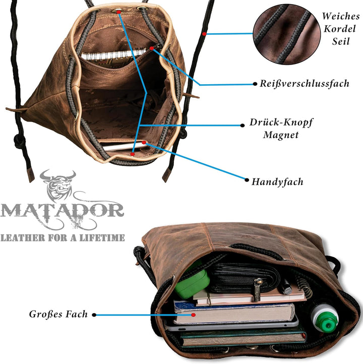 MATADOR Gymbag Turnbeutel Frauen Leder Sportbeutel Herren Rucksack Turntasche Lederrucksack Hunter B