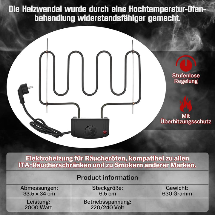 2000W Universal Heizschlange, Räucherofen Profi Elektroheizung zum Räuchern, Heizspirale Räucherschr