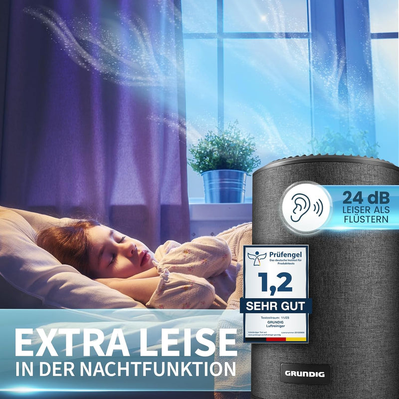 Grundig Luftreiniger Allergiker Air Purifier - Extra leise - Hepa Filter mit Premium AKTIVKOHLEFILTE