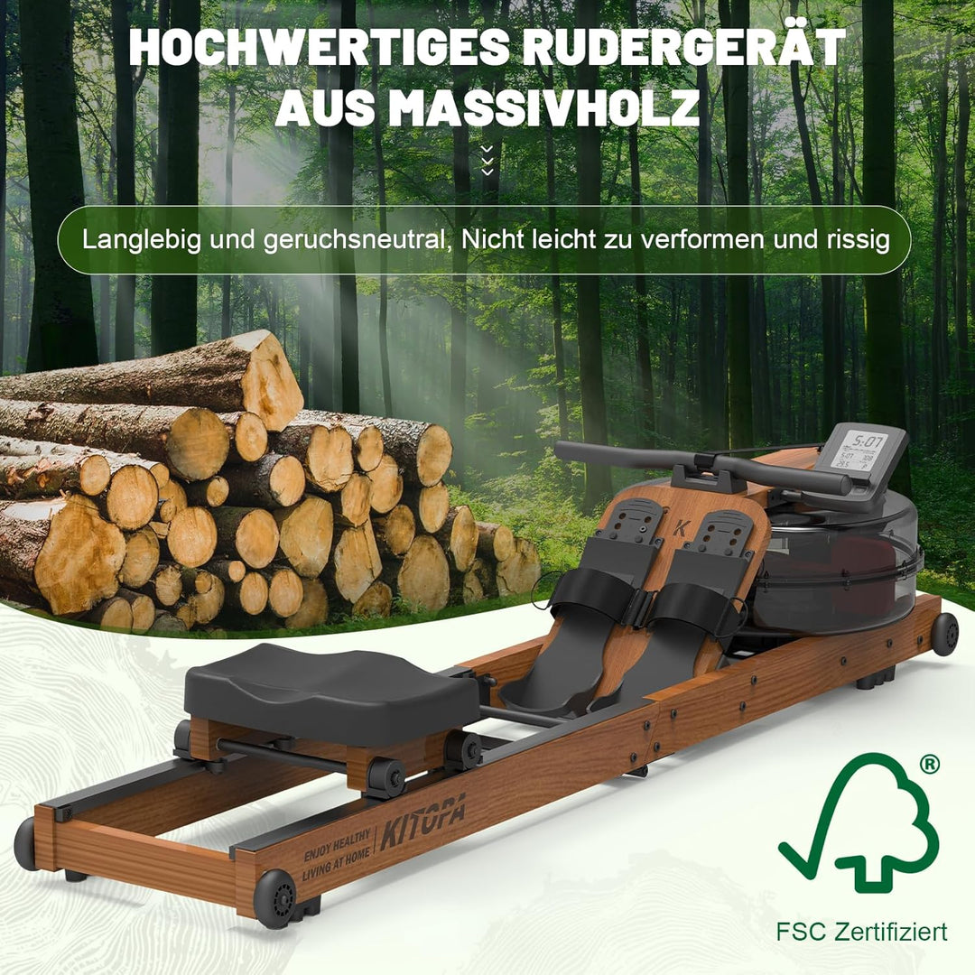Kitopa Wasser Rudergerät Holz, Rudergerät für Zuhause klappbar mit 30 Tage Kinomap Mitgliedschaft, M