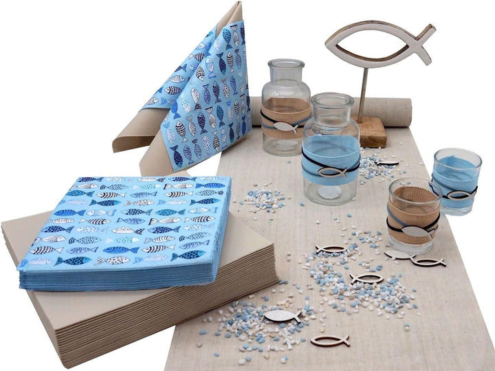 ZauberDeko Tischdeko Kommunion Konfirmation Blau Fisch Holz Tischaufsteller Set 20 Personen