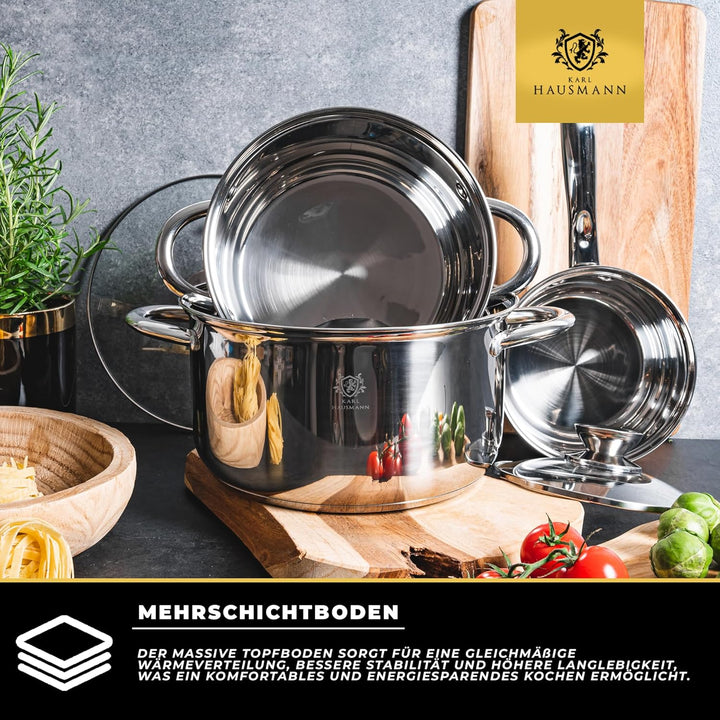 Topfset Induktion 3-teilig, Kochtopf Set mit Glasdeckel, Edelstahl mattiert, Induktions Töpfe Set un