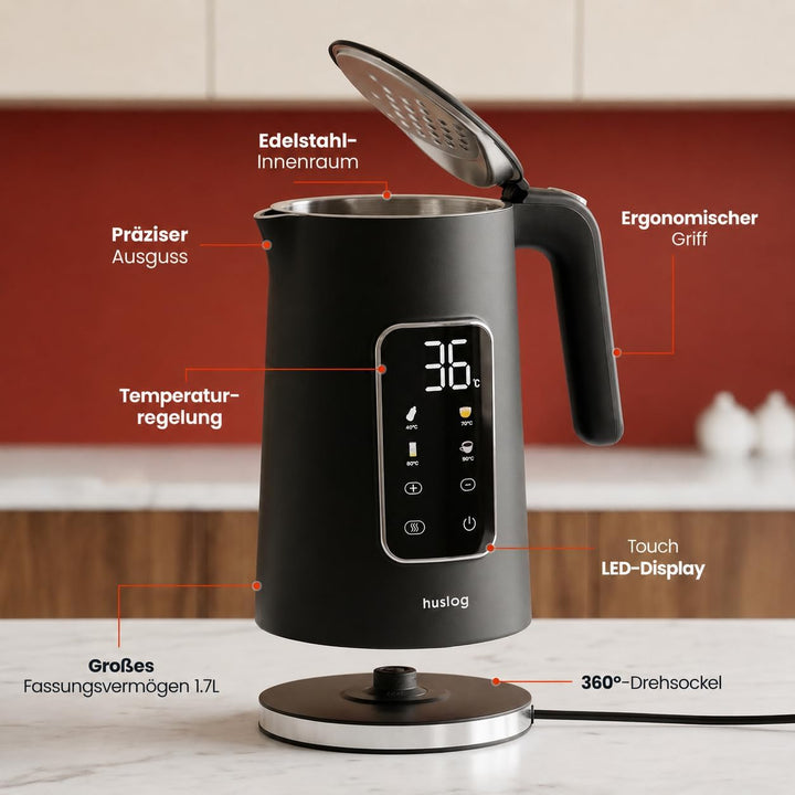 Elektrischer Wasserkocher, Kabellos, 2200W, Touch Panel, 1.7L, Schwarz, Schwarz