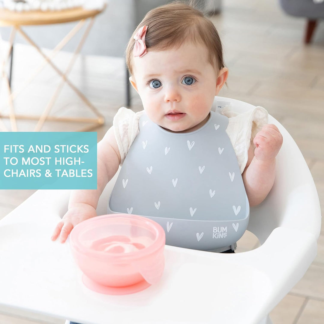 Bumkins - Erstes Baby Fütterungsset aus Silikon mit Saugnapf, Deckel und Löffel, Rosa Jelly, BPA-fre
