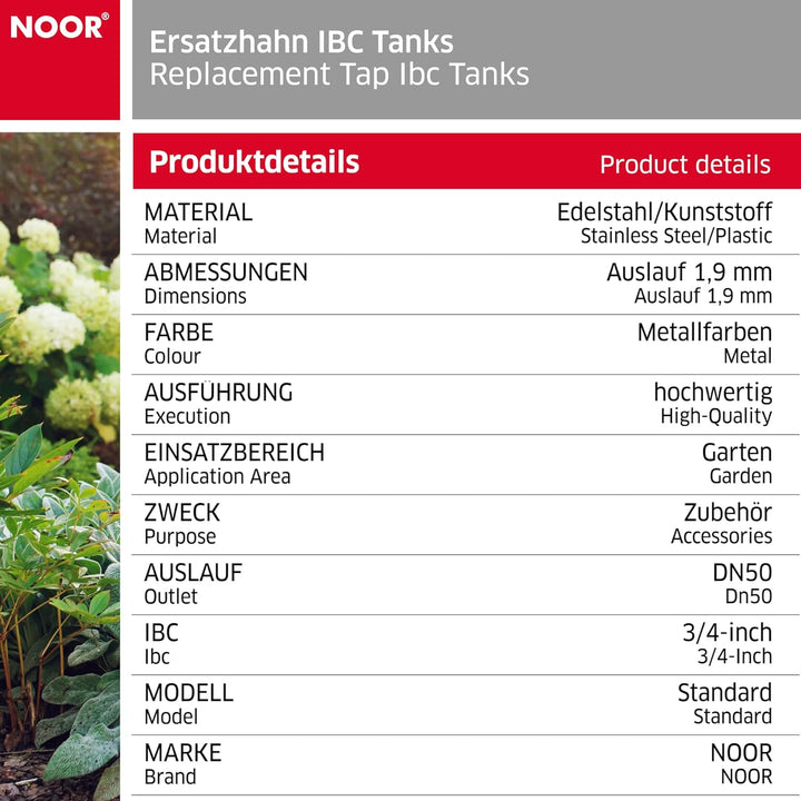 NOOR Ersatzhahn für IBC Tanks inkl. Gardena Adapter I 3/4-inch (1,9cm) Ersatz-Tankhahn mit 60mm DN50